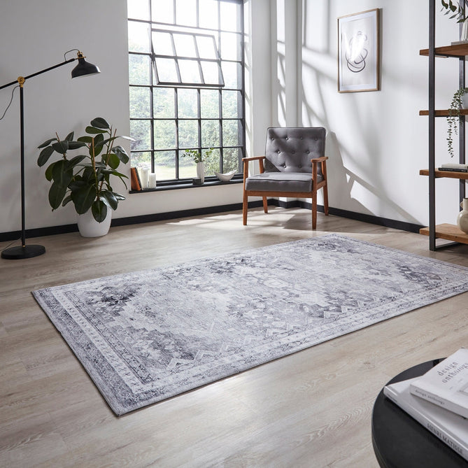 Topaz H1265 Traditional Vintage Distressed Medallion Border Printed Chenille Polyester Flatweave Grey/Cream Rug-Think Rugs-Rug Love - The Most Loved Rug Store