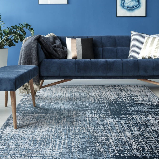 Torino Modern Abstract Distressed Shimmer Tonal Textured Hi-Low Soft Wool Loop & Viscose Flatweave Petrol Blue/Silver/Off White Rug-Asiatic Carpets-Rug Love - The Most Loved Rug Store