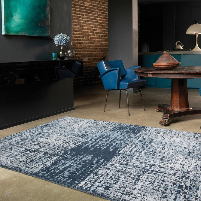 Torino Modern Abstract Distressed Shimmer Tonal Textured Hi-Low Soft Wool Loop & Viscose Flatweave Petrol Blue/Silver/Off White/Steel Blue Rug-Asiatic Carpets-Rug Love - The Most Loved Rug Store
