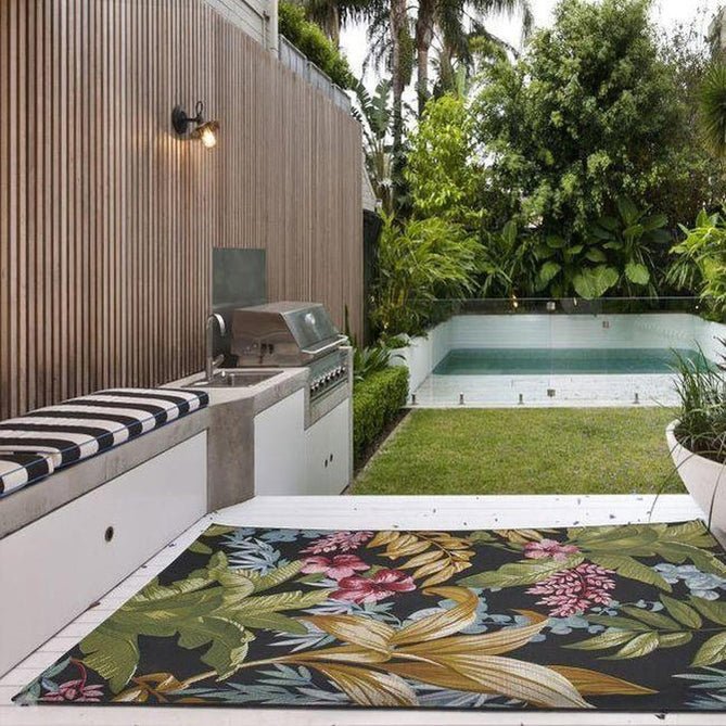 Tropicana 725 K Botanical Floral Durable Stain-Resistant Weatherproof Flatweave In-Outdoor Black/Green/Gold/Multicolour Rug-Melrose-Rug Love - The Most Loved Rug Store