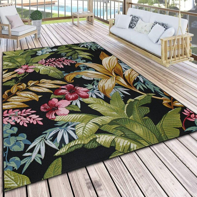 Tropicana 725 K Botanical Floral Durable Stain-Resistant Weatherproof Flatweave In-Outdoor Black/Green/Gold/Multicolour Rug-Oriental Weavers-Rug Love - The Most Loved Rug Store