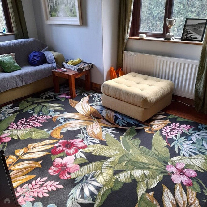 Tropicana 725 K Botanical Floral Durable Stain-Resistant Weatherproof Flatweave In-Outdoor Black/Green/Gold/Multicolour Rug-Oriental Weavers-Rug Love - The Most Loved Rug Store