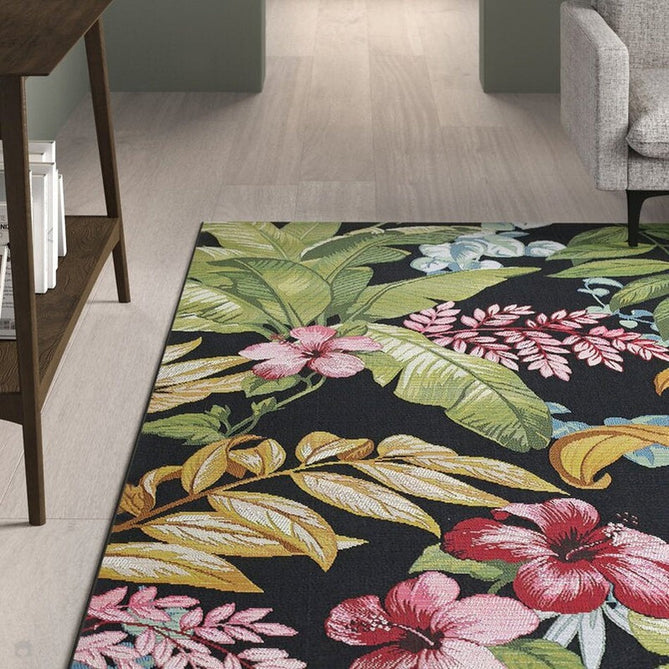 Tropicana 725 K Botanical Floral Durable Stain-Resistant Weatherproof Flatweave In-Outdoor Black/Green/Gold/Multicolour Rug-Oriental Weavers-Rug Love - The Most Loved Rug Store