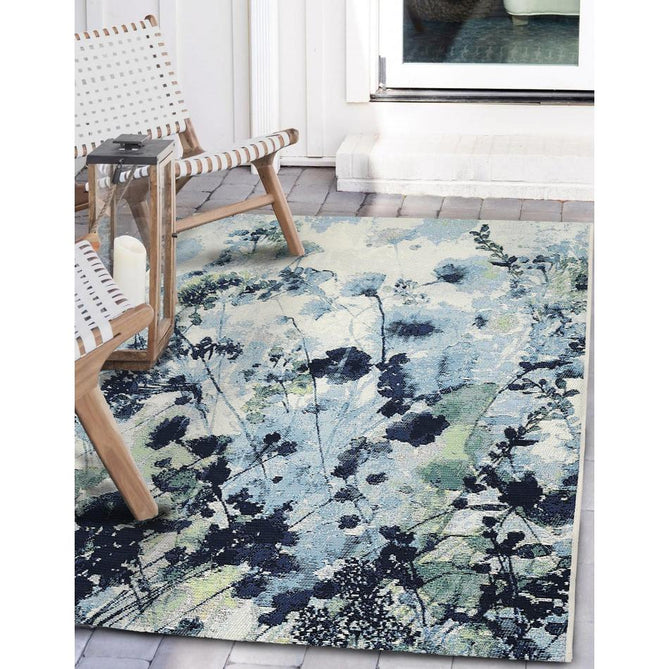 Tropicana Watercolour Modern Botanical Floral Durable Stain-Resistant Weatherproof Flatweave In-Outdoor Blue Rug-Melrose-Rug Love - The Most Loved Rug Store