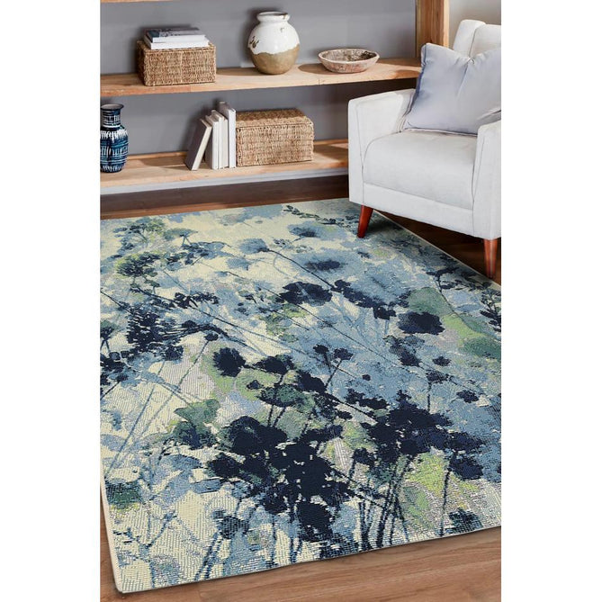 Tropicana Watercolour Modern Botanical Floral Durable Stain-Resistant Weatherproof Flatweave In-Outdoor Blue Rug-Melrose-Rug Love - The Most Loved Rug Store