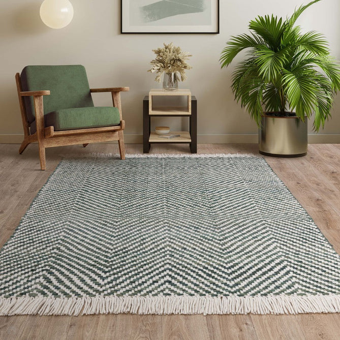 Vigo Modern Geometric Tonal Zig Zag Hand-Woven Heavyweight Textured Soft-Touch Jute & Wool Blend Chunky Loop Pile Flatweave Fringe Green/Cream Rug 200 x 290 cm