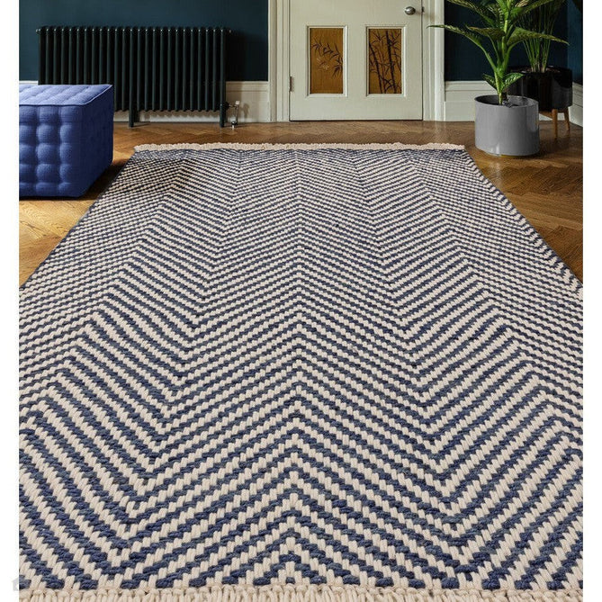Vigo Modern Geometric Tonal Zig Zag Hand-Woven Heavyweight Textured Soft-Touch Jute & Wool Blend Chunky Loop Pile Flatweave Fringe Navy/Cream Rug-Asiatic Carpets-Rug Love - The Most Loved Rug Store