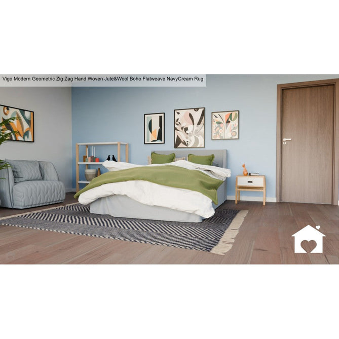 Vigo Modern Geometric Tonal Zig Zag Hand-Woven Heavyweight Textured Soft-Touch Jute & Wool Blend Chunky Loop Pile Flatweave Fringe Navy/Cream Rug-Asiatic Carpets-Rug Love - The Most Loved Rug Store