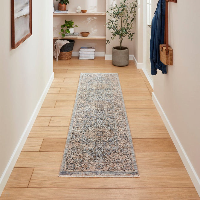 Vintage 35013 Traditional Distressed Kashan Medallion Border Soft-Touch Blue/Cream/Beige Runner-Think Rugs-Rug Love - The Most Loved Rug Store