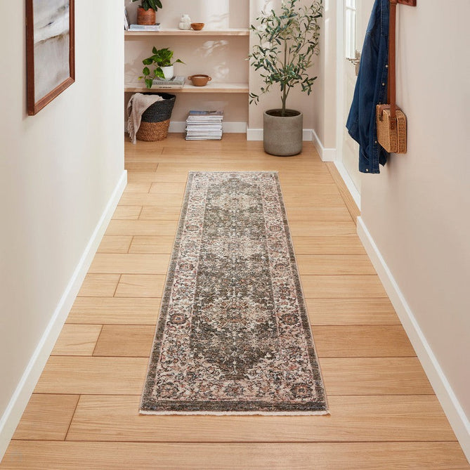 Vintage 35013 Traditional Distressed Kashan Medallion Border Soft-Touch Green/Beige/Cream Runner-Think Rugs-Rug Love - The Most Loved Rug Store
