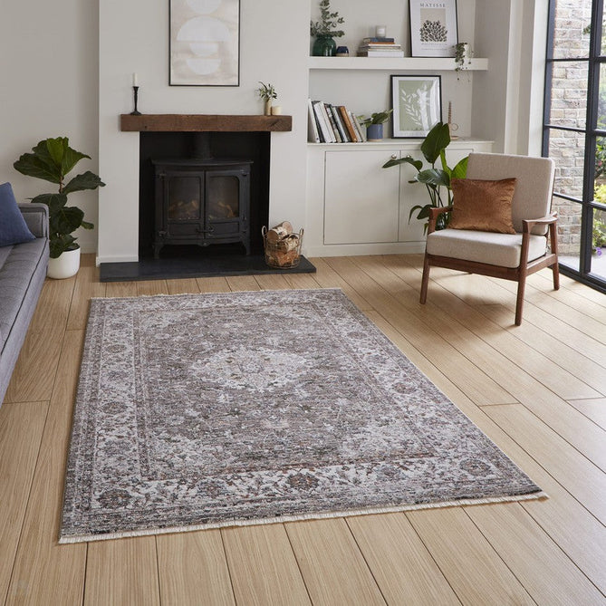 Vintage 35013 Traditional Distressed Kashan Medallion Border Soft-Touch Grey/Beige/Cream Runner-Think Rugs-Rug Love - The Most Loved Rug Store