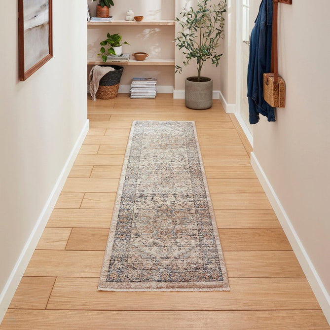 Vintage 35018 Traditional Distressed Heriz Medallion Border Soft-Touch Cream/Blue/Beige/Terra Runner-Think Rugs-Rug Love - The Most Loved Rug Store