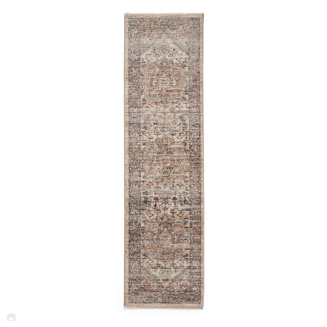 Vintage 35018 Traditional Distressed Heriz Medallion Border Soft-Touch Cream/Blue/Beige/Terra Runner-Think Rugs-Rug Love - The Most Loved Rug Store