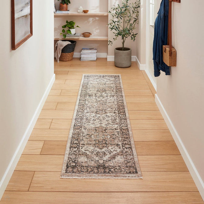 Vintage 35018 Traditional Distressed Heriz Medallion Border Soft-Touch Cream/Green/Beige/Terra Runner-Think Rugs-Rug Love - The Most Loved Rug Store
