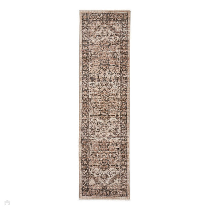 Vintage 35018 Traditional Distressed Heriz Medallion Border Soft-Touch Cream/Green/Beige/Terra Runner-Think Rugs-Rug Love - The Most Loved Rug Store