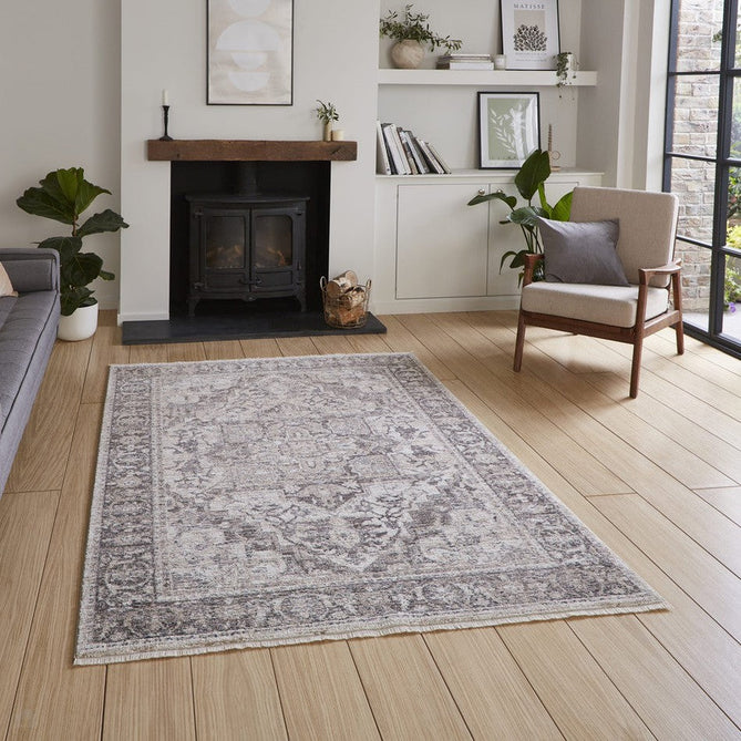 Vintage 35018 Traditional Distressed Heriz Medallion Border Soft-Touch Grey Runner-Think Rugs-Rug Love - The Most Loved Rug Store