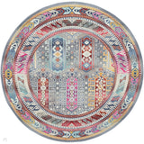 Vintage Kashan VKA06 Traditional Persian Vintage Distressed Shimmer Geometric Lozenge Ornate Border Flatweave Grey/Multicolour Round Rug