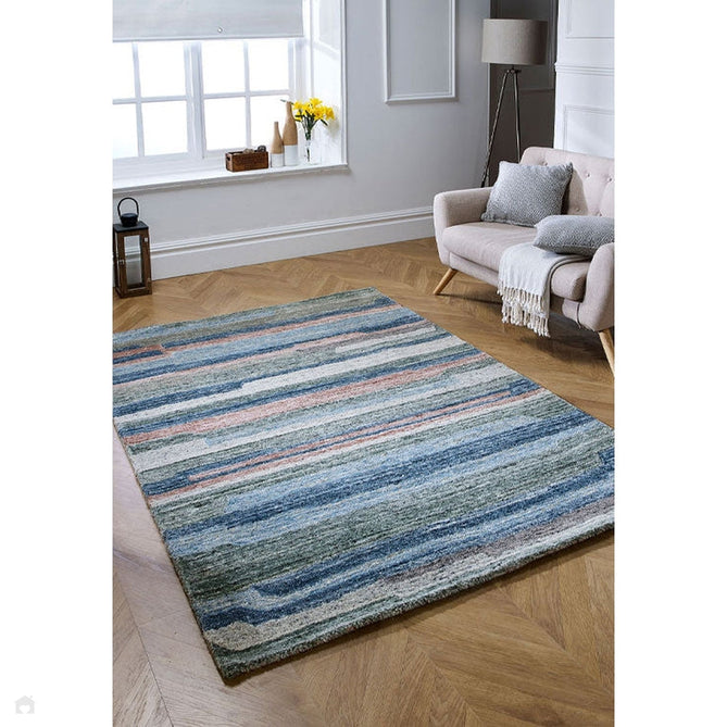 Vista Modern Plain Abstract Stripe Hand-Woven Ribbed Textured Wool Blue/Green/Rust/Multicolour Rug-Melrose-Rug Love - The Most Loved Rug Store