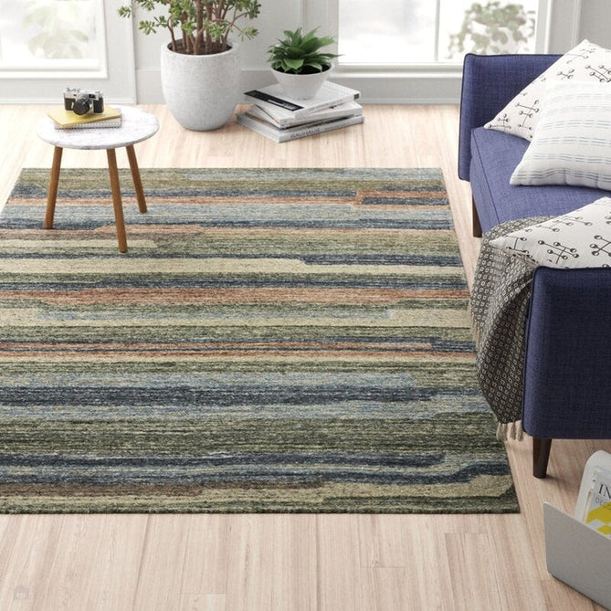 Vista Modern Plain Abstract Stripe Hand-Woven Ribbed Textured Wool Blue/Green/Rust/Multicolour Rug-Melrose-Rug Love - The Most Loved Rug Store