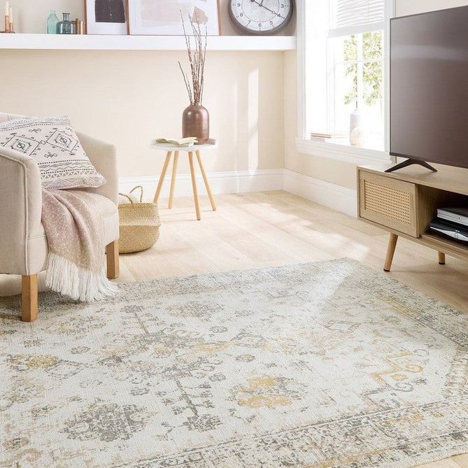 Vogue Traditional Persian Vintage Distressed Soft-Touch Hand-Knitted Ribbed Textured Polyester Light Grey/Ochre/Beige/Cream/Multicolour Rug-Origins-Rug Love - The Most Loved Rug Store