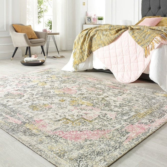 Vogue Traditional Persian Vintage Distressed Soft-Touch Hand-Knitted Ribbed Textured Polyester Low Profile Short Pile Beige/Cream/Pink/Ochre/Grey Rug-Origins-Rug Love - The Most Loved Rug Store