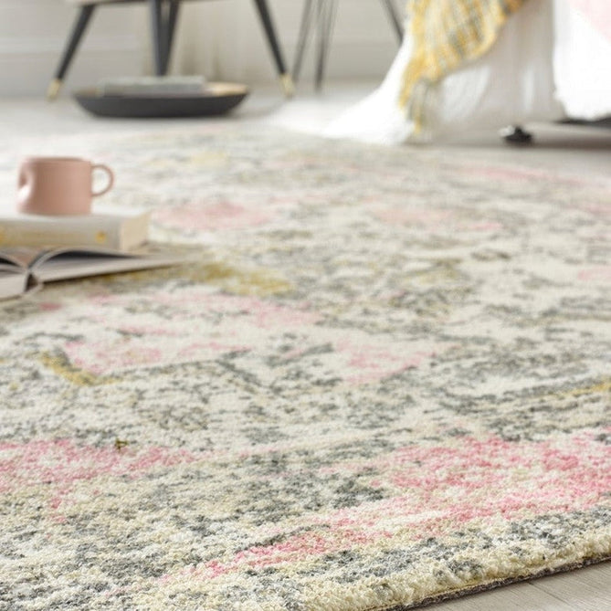 Vogue Traditional Persian Vintage Distressed Soft-Touch Hand-Knitted Ribbed Textured Polyester Low Profile Short Pile Beige/Cream/Pink/Ochre/Grey Rug-Origins-Rug Love - The Most Loved Rug Store