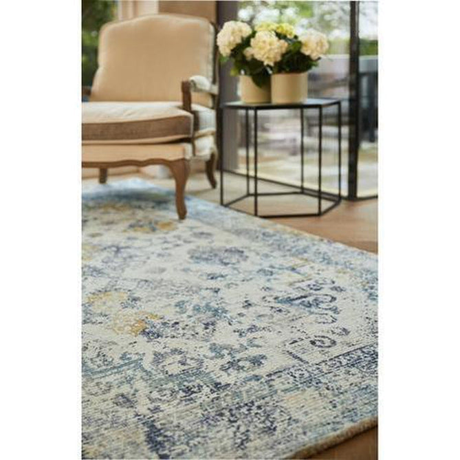 Vogue Traditional Persian Vintage Distressed Soft-Touch Hand-Knitted Ribbed Textured Polyester Low Profile Short Pile Blue/Ochre/Ivory/Teal/Grey Rug-Origins-Rug Love - The Most Loved Rug Store