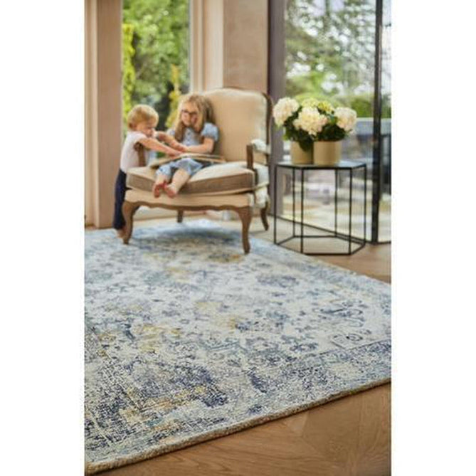 Vogue Traditional Persian Vintage Distressed Soft-Touch Hand-Knitted Ribbed Textured Polyester Low Profile Short Pile Blue/Ochre/Ivory/Teal/Grey Rug-Origins-Rug Love - The Most Loved Rug Store