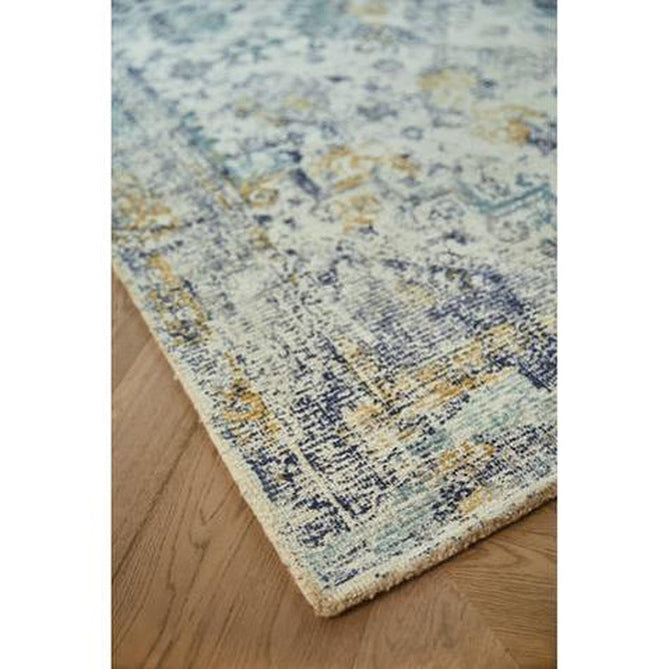 Vogue Traditional Persian Vintage Distressed Soft-Touch Hand-Knitted Ribbed Textured Polyester Low Profile Short Pile Blue/Ochre/Ivory/Teal/Grey Rug-Origins-Rug Love - The Most Loved Rug Store