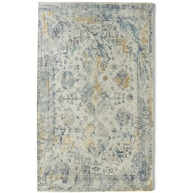 Vogue Traditional Persian Vintage Distressed Soft-Touch Hand-Knitted Ribbed Textured Polyester Low Profile Short Pile Blue/Ochre/Ivory/Teal/Grey Rug-Origins-Rug Love - The Most Loved Rug Store