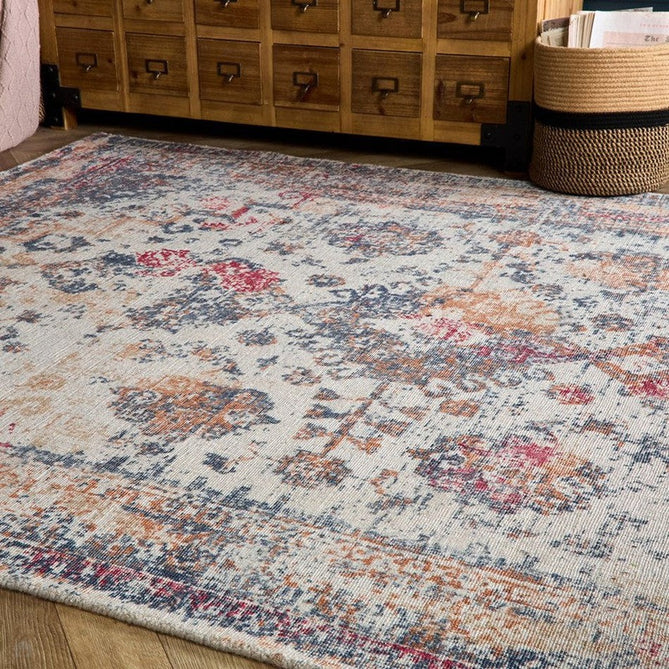 Vogue Traditional Persian Vintage Distressed Soft-Touch Hand-Knitted Ribbed Textured Polyester Low Profile Short Pile Navy Blue/Rust/Beige/Multicolour Rug-Origins-Rug Love - The Most Loved Rug Store