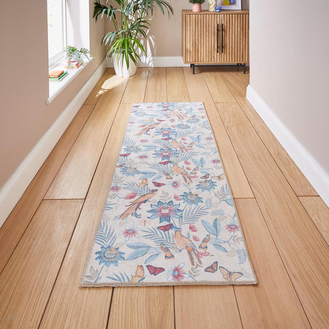 Washable Catherine Lansfield Amaya Tropical Birds Lightweight Printed Polyester Beige/Sky Blue/Crimson Red Flatweave Runner-Think Rugs-Rug Love - The Most Loved Rug Store