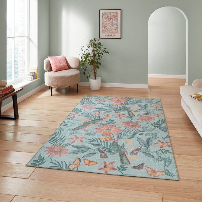 Washable Catherine Lansfield Amaya Tropical Birds Lightweight Printed Polyester Flatweave Aqua Green/Coral Pink/Peach Rug-Think Rugs-Rug Love - The Most Loved Rug Store