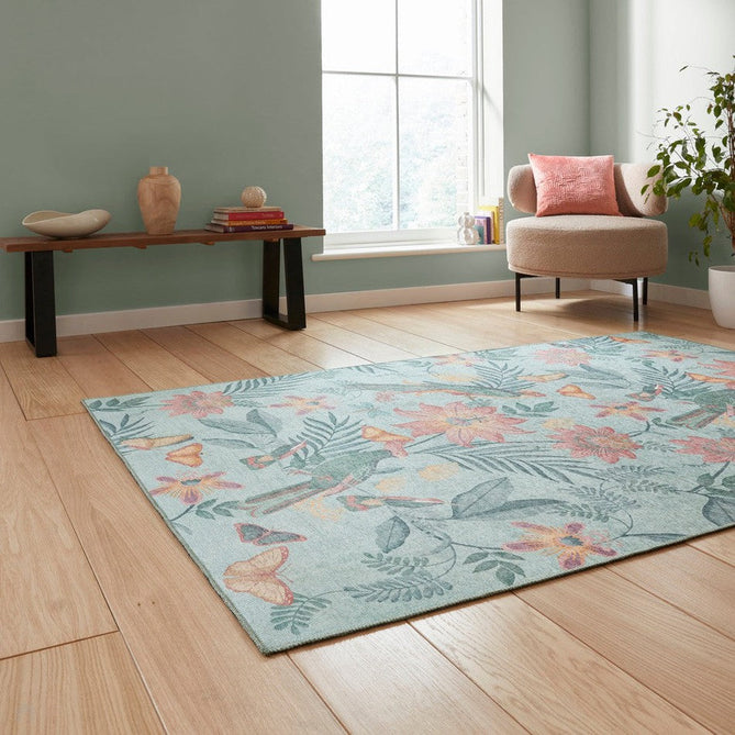 Washable Catherine Lansfield Amaya Tropical Birds Lightweight Printed Polyester Flatweave Aqua Green/Coral Pink/Peach Rug-Think Rugs-Rug Love - The Most Loved Rug Store