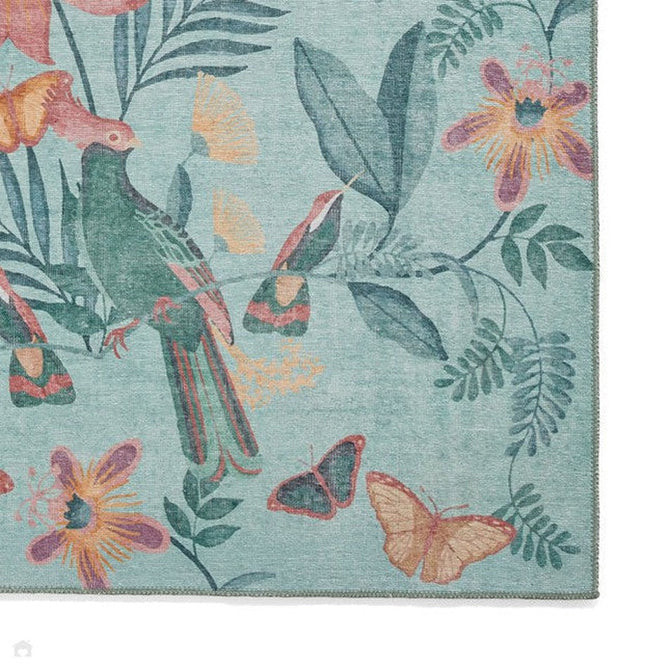 Washable Catherine Lansfield Amaya Tropical Birds Lightweight Printed Polyester Flatweave Aqua Green/Coral Pink/Peach Rug-Think Rugs-Rug Love - The Most Loved Rug Store