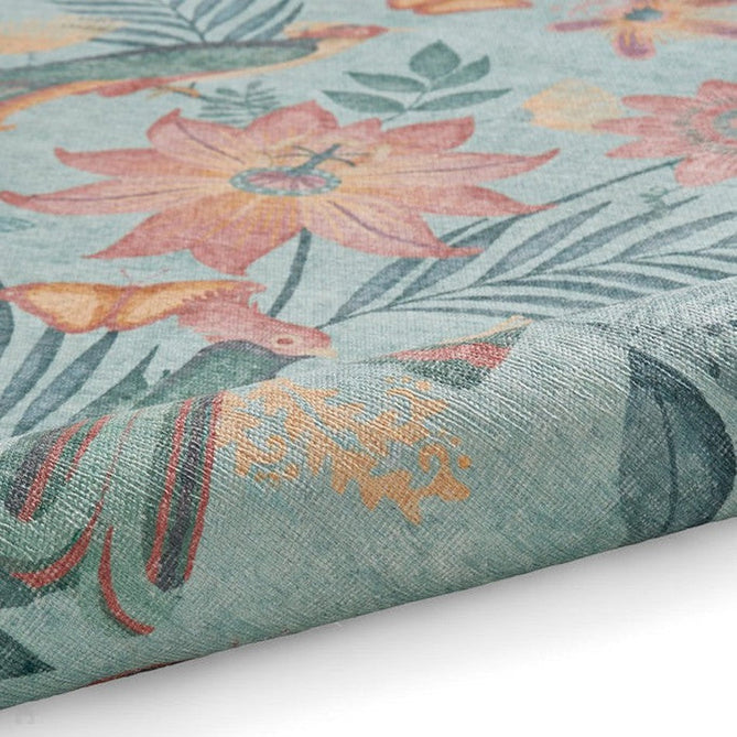 Washable Catherine Lansfield Amaya Tropical Birds Lightweight Printed Polyester Flatweave Aqua Green/Coral Pink/Peach Rug-Think Rugs-Rug Love - The Most Loved Rug Store