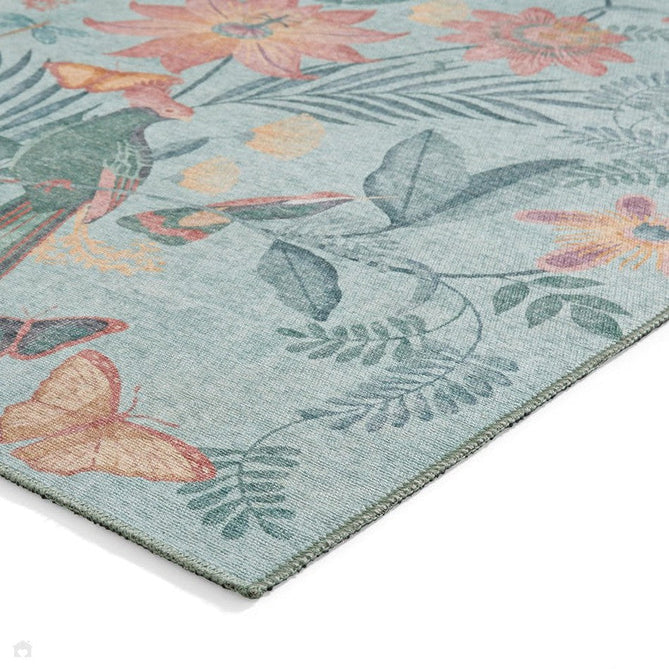 Washable Catherine Lansfield Amaya Tropical Birds Lightweight Printed Polyester Flatweave Aqua Green/Coral Pink/Peach Rug-Think Rugs-Rug Love - The Most Loved Rug Store