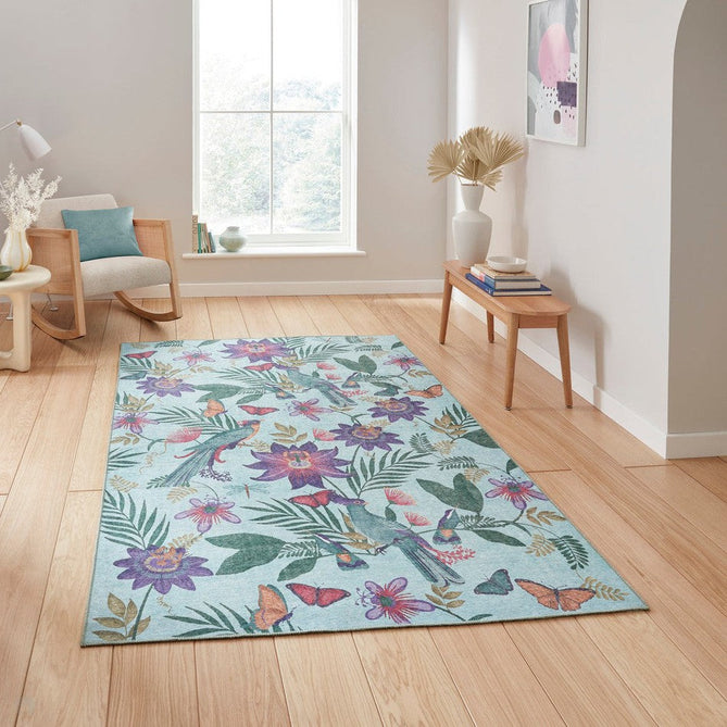 Washable Catherine Lansfield Amaya Tropical Birds Lightweight Printed Polyester Flatweave Sky Blue/Purple/Green/Multicolour Rug-Think Rugs-Rug Love - The Most Loved Rug Store