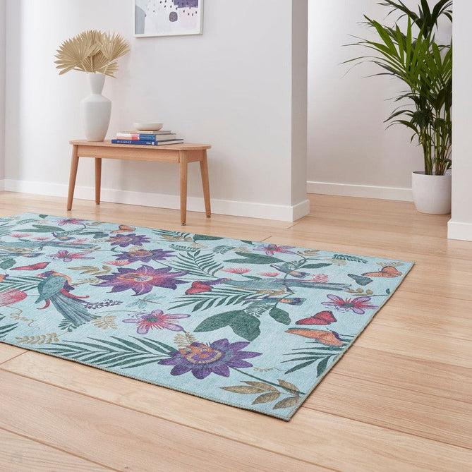 Washable Catherine Lansfield Amaya Tropical Birds Lightweight Printed Polyester Flatweave Sky Blue/Purple/Green/Multicolour Rug-Think Rugs-Rug Love - The Most Loved Rug Store