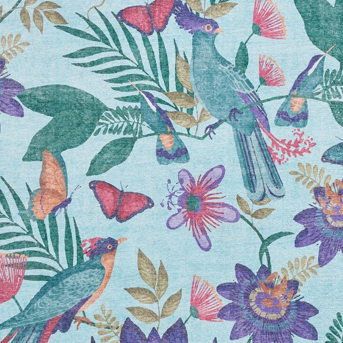 Washable Catherine Lansfield Amaya Tropical Birds Lightweight Printed Polyester Flatweave Sky Blue/Purple/Green/Multicolour Rug-Think Rugs-Rug Love - The Most Loved Rug Store