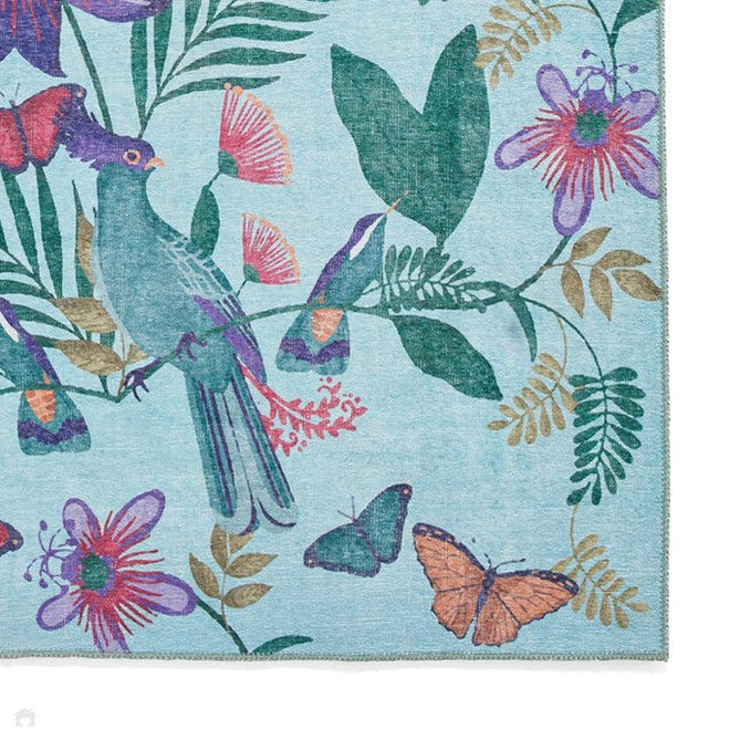 Washable Catherine Lansfield Amaya Tropical Birds Lightweight Printed Polyester Flatweave Sky Blue/Purple/Green/Multicolour Rug-Think Rugs-Rug Love - The Most Loved Rug Store