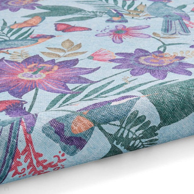 Washable Catherine Lansfield Amaya Tropical Birds Lightweight Printed Polyester Flatweave Sky Blue/Purple/Green/Multicolour Rug-Think Rugs-Rug Love - The Most Loved Rug Store