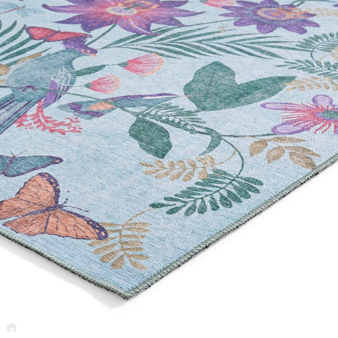 Washable Catherine Lansfield Amaya Tropical Birds Lightweight Printed Polyester Flatweave Sky Blue/Purple/Green/Multicolour Rug-Think Rugs-Rug Love - The Most Loved Rug Store