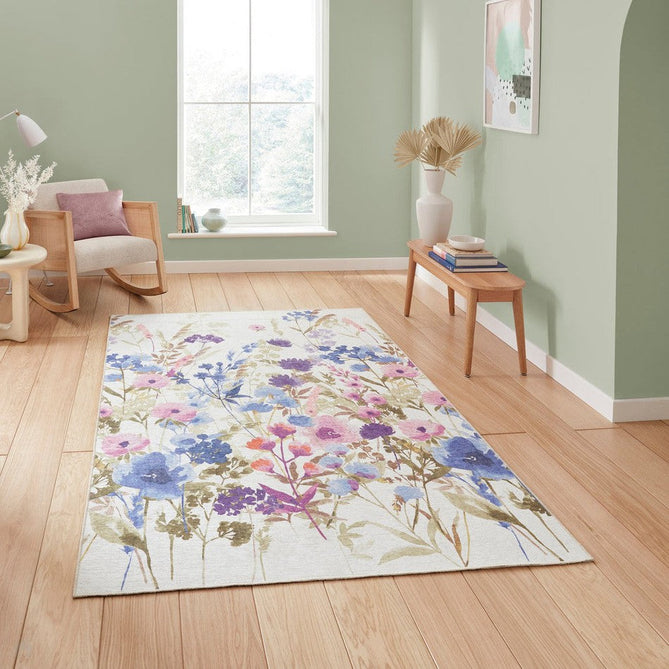 Washable Catherine Lansfield Country Floral Lightweight Printed Polyester Flatweave Cream/Purple/Pink/Blue Rug-Think Rugs-Rug Love - The Most Loved Rug Store