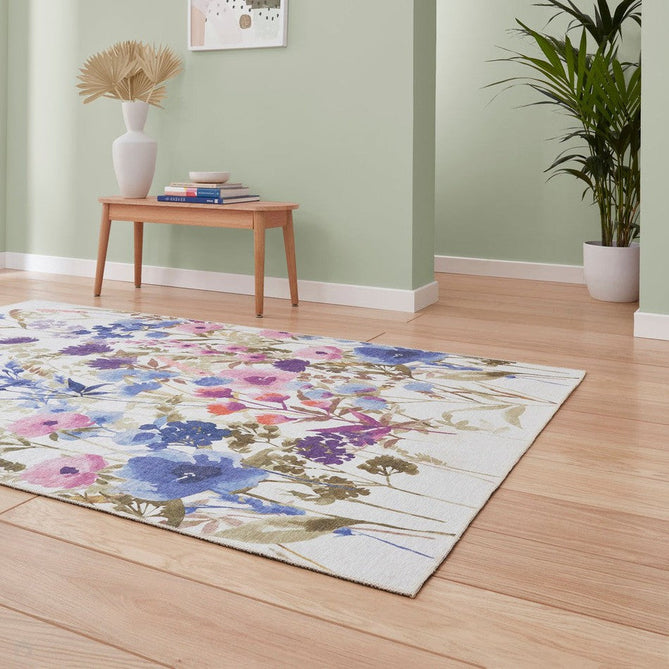 Washable Catherine Lansfield Country Floral Lightweight Printed Polyester Flatweave Cream/Purple/Pink/Blue Rug-Think Rugs-Rug Love - The Most Loved Rug Store
