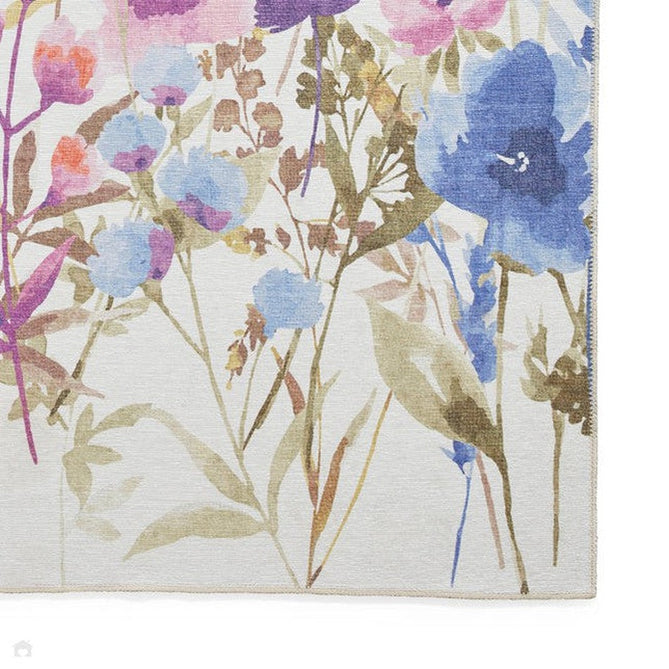 Washable Catherine Lansfield Country Floral Lightweight Printed Polyester Flatweave Cream/Purple/Pink/Blue Rug-Think Rugs-Rug Love - The Most Loved Rug Store