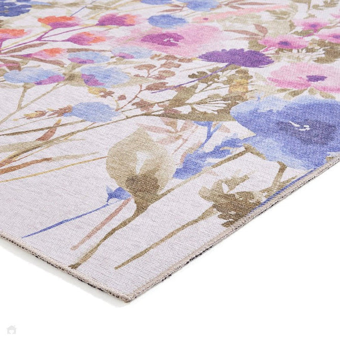Washable Catherine Lansfield Country Floral Lightweight Printed Polyester Flatweave Cream/Purple/Pink/Blue Rug-Think Rugs-Rug Love - The Most Loved Rug Store