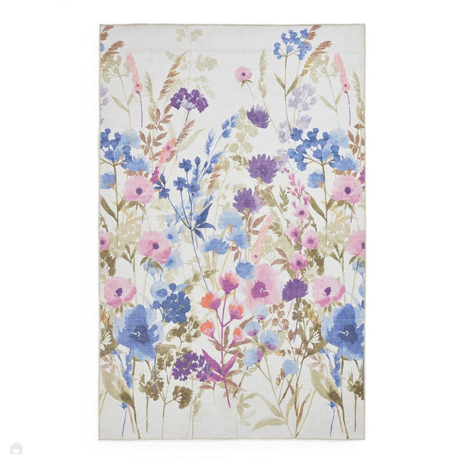 Washable Catherine Lansfield Country Floral Lightweight Printed Polyester Flatweave Cream/Purple/Pink/Blue Rug-Think Rugs-Rug Love - The Most Loved Rug Store