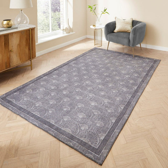 Washable Catherine Lansfield Deco Peacock Grey Lightweight Printed Polyester Flatweave Rug-Think Rugs-Rug Love - The Most Loved Rug Store