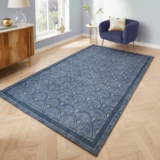 Washable Catherine Lansfield Deco Peacock Lightweight Printed Polyester Flatweave Blue Rug-Think Rugs-Rug Love - The Most Loved Rug Store